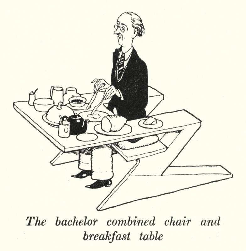 De vrijgezellen gecombineerde stoel en ontbijttafel door William Heath Robinson