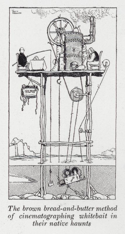 De bruine brood-en-boter methode van het filmen van spiering in hun natuurlijke habitat door William Heath Robinson