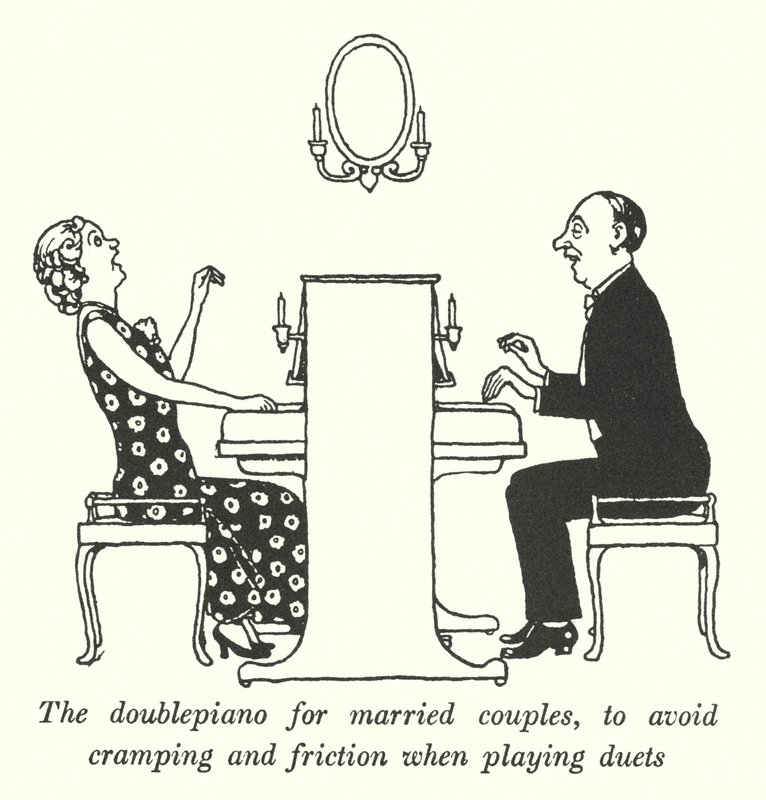 De dubbelpiano voor echtparen, om krampen en wrijving bij het spelen van duetten te voorkomen door William Heath Robinson