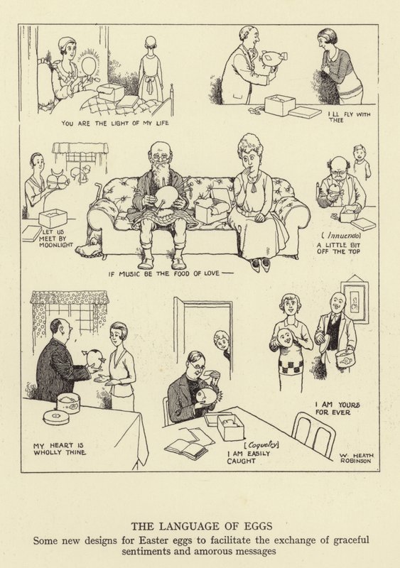De taal van eieren, enkele nieuwe ontwerpen voor paaseieren om de uitwisseling van sierlijke gevoelens en amoureuze berichten te vergemakkelijken door William Heath Robinson