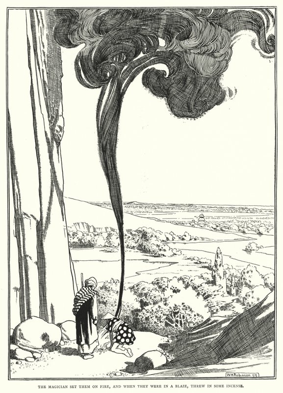 De magiër stak ze in brand, en toen ze in vlammen stonden, gooide hij er wat wierook in (gravure) door William Heath Robinson