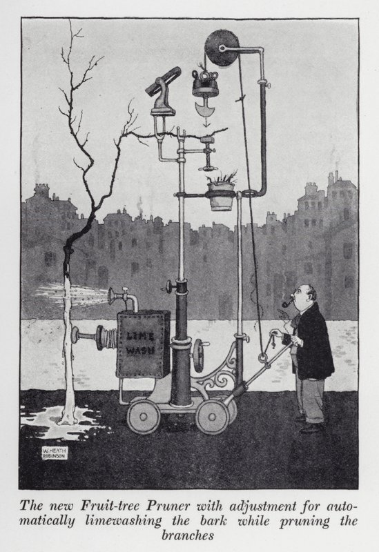 De nieuwe fruitboom snoeier met aanpassing voor automatisch kalken van de schors tijdens het snoeien van de takken door William Heath Robinson