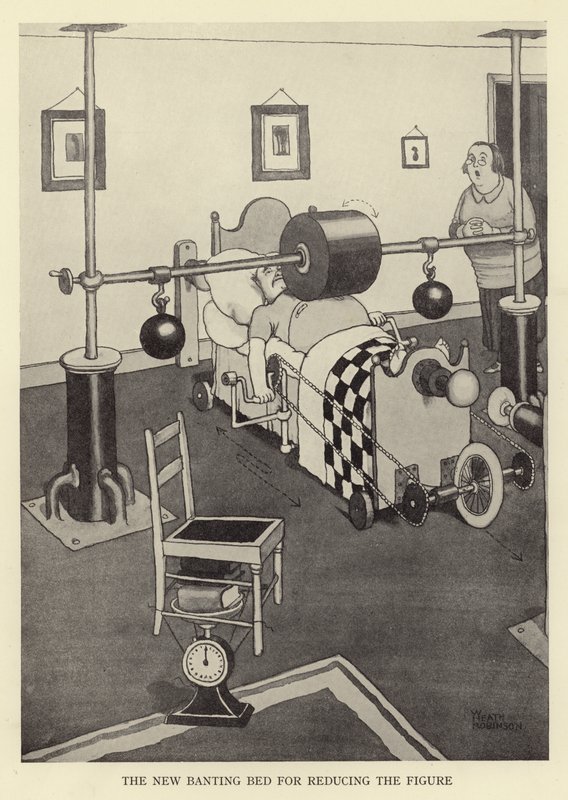 Het nieuwe bantingbed voor figuurvermindering door William Heath Robinson