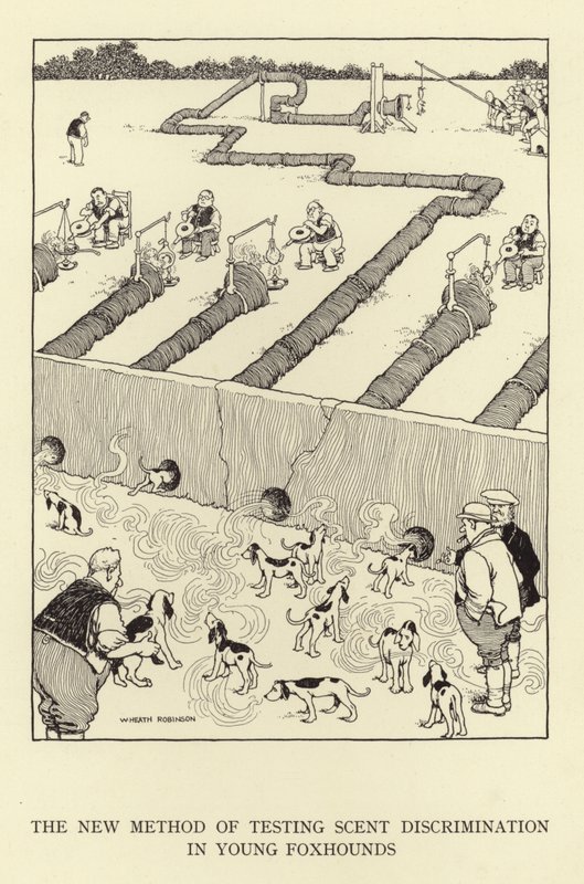 De nieuwe methode om geurdiscriminatie bij jonge vossen te testen door William Heath Robinson