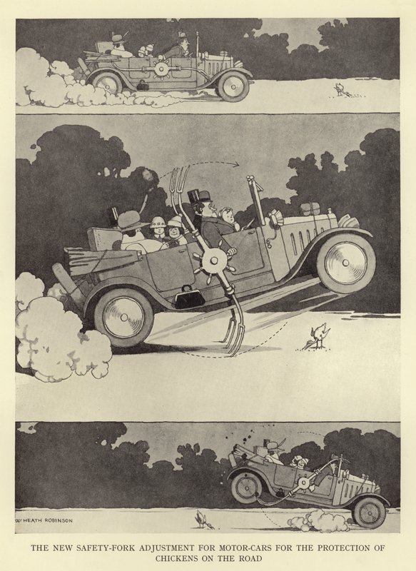 De nieuwe veiligheidsvorkaanpassing voor motorvoertuigen ter bescherming van kippen op de weg door William Heath Robinson