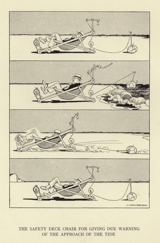 De veiligheidsdekstoel voor het geven van een waarschuwing voor de nadering van het tij door William Heath Robinson