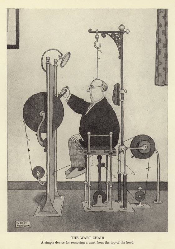 De wrattenstoel, een eenvoudig apparaat om een wrat van de bovenkant van het hoofd te verwijderen door William Heath Robinson