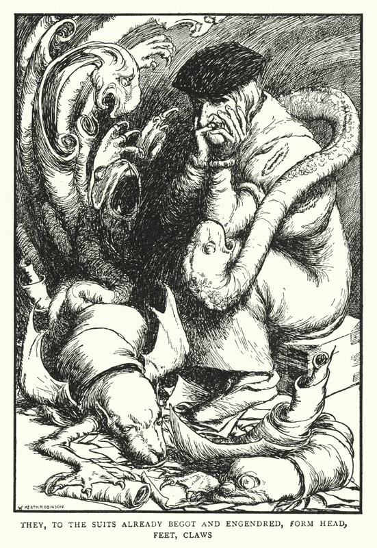Zij, aan de reeds verwekte en voortgebrachte rechtszaken, vormen hoofd, voeten, klauwen door William Heath Robinson
