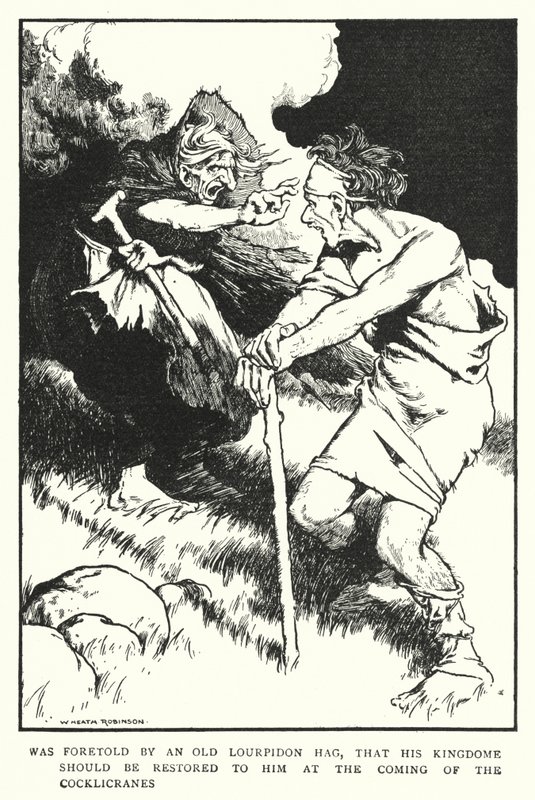 Het werd voorspeld door een oude Lourpidon heks, dat zijn koninkrijk aan hem zou worden hersteld bij de komst van de Cocklicranes door William Heath Robinson