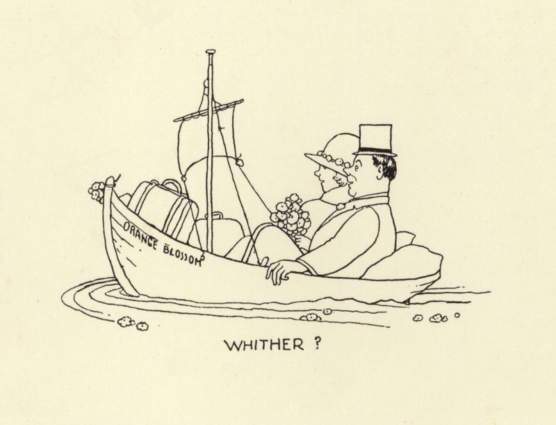 Waarheen, getrouwd stel vertrekt op de zee van het huwelijksleven door William Heath Robinson