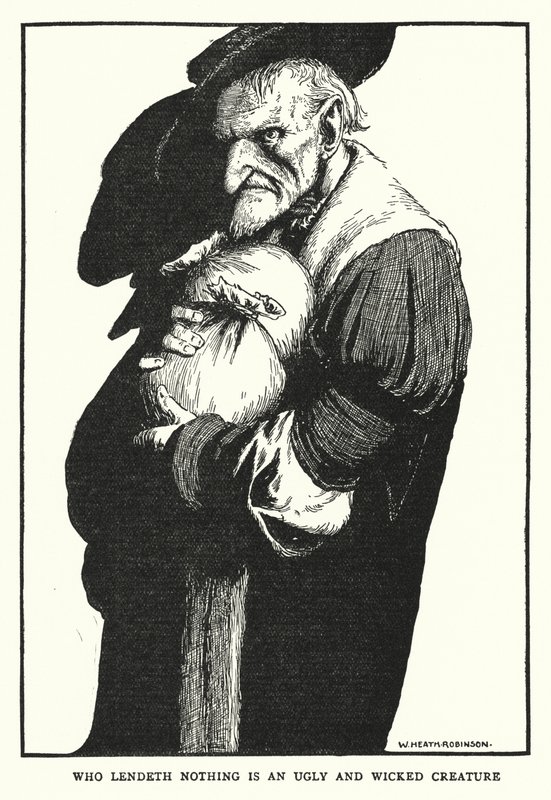 Wie niets leent is een lelijk en slecht schepsel (litho) door William Heath Robinson