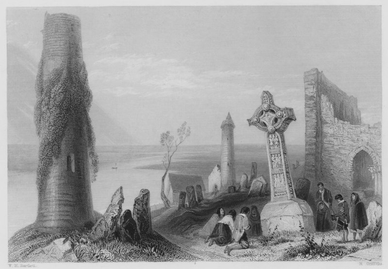 Oude Kruis, Clonmacnoise (gravure) door William Henry (after) Bartlett