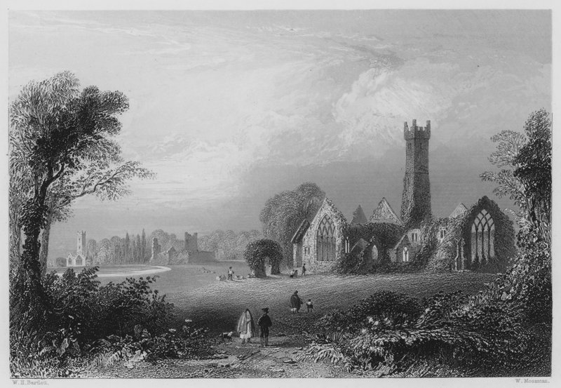 Augustijner Abdij, Adare, met het Kasteel van de Fitzgeralds en de Franciscaner Abdij (gravure) door William Henry (after) Bartlett