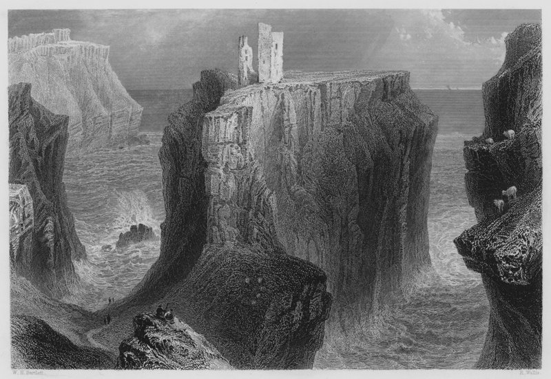 Dunseverick Kasteel, County Antrim (gravure) door William Henry (after) Bartlett