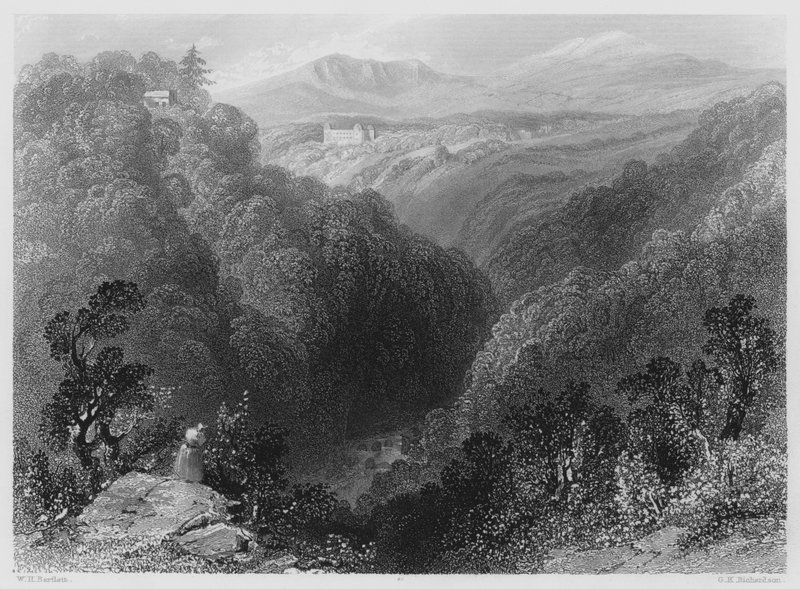 Powerscourt vanuit de Dargle, County Wicklow (gravure) door William Henry (after) Bartlett