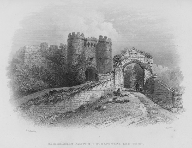 Carisbrooke Kasteel, Isle of Wight, Poorten en Donjon door William Henry Bartlett