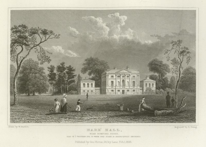 Hare Hall, nabij Romford, Essex, Zetel van J Western, Esquire door William Henry Bartlett