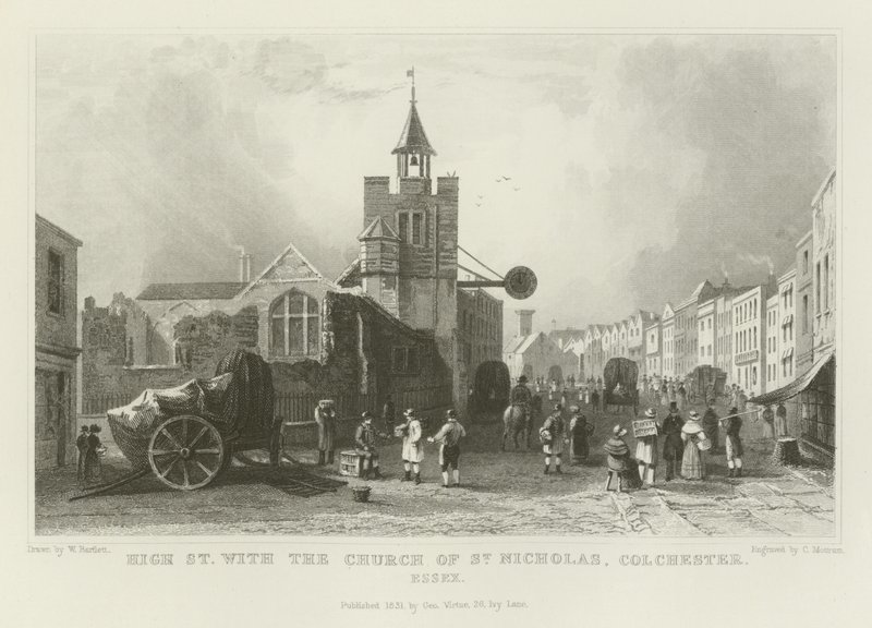 Hoofdstraat met de kerk van St. Nicholas, Colchester, Essex door William Henry Bartlett