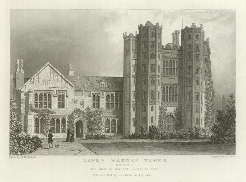 Layer Marney Tower, Essex, het landgoed van Mathews Corsellis, Esquire door William Henry Bartlett