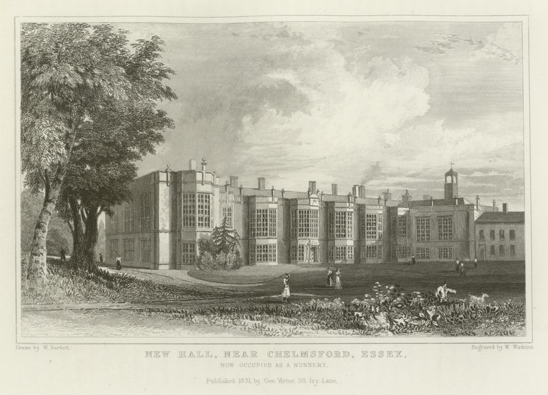 New Hall, nabij Chelmsford, Essex, nu bezet als een Klooster door William Henry Bartlett