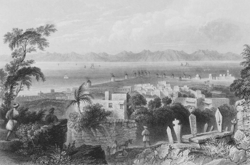 Rhodos, het oude Dodanim, met het kanaal tussen het eiland en Klein-Azië door William Henry Bartlett