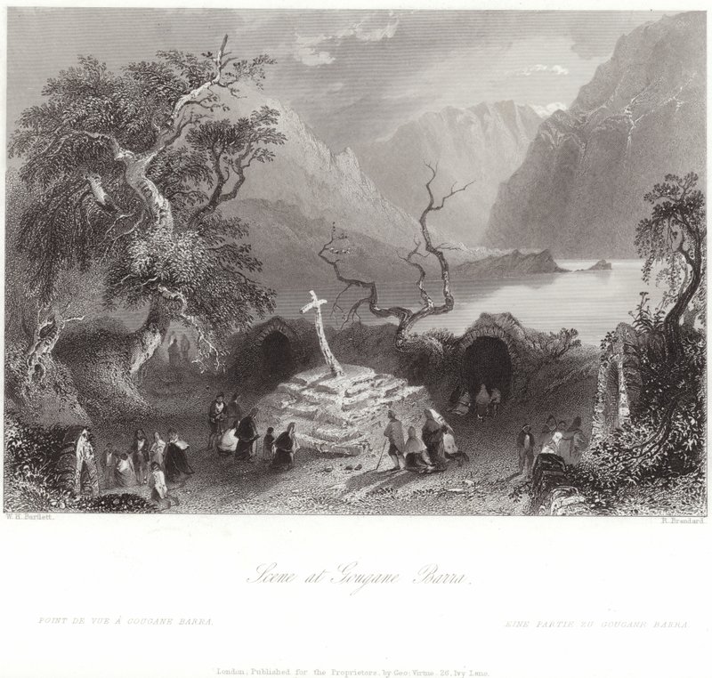 Scène bij Gougane Barra in County Cork door William Henry Bartlett