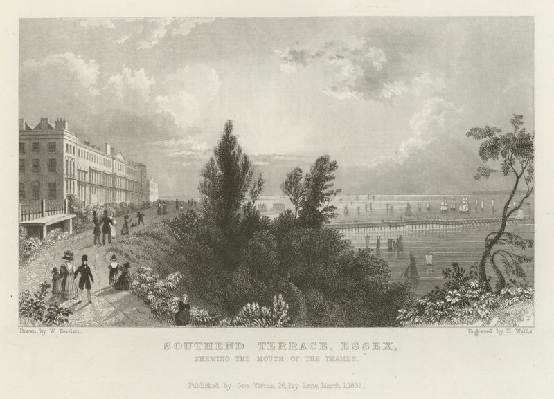 Southend Terrace, Essex, toont de monding van de Theems door William Henry Bartlett