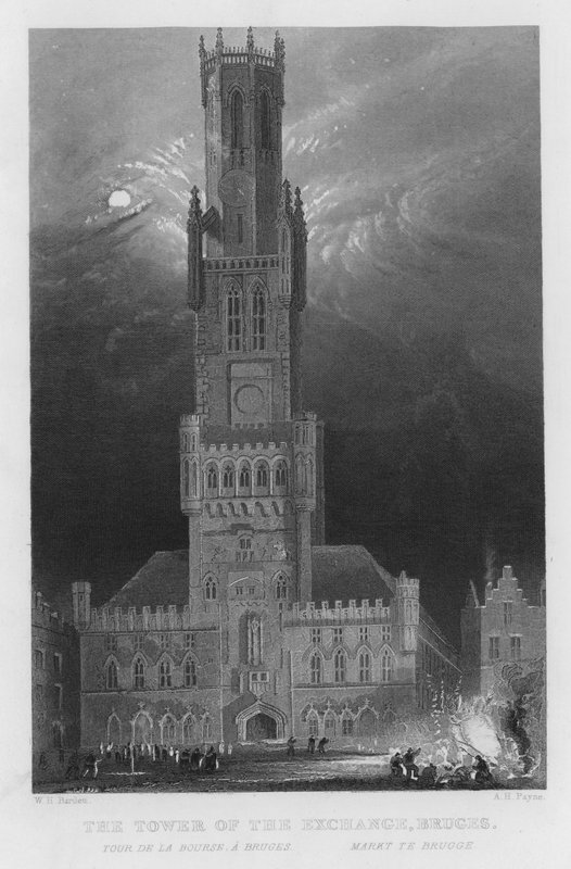 De Toren van de Beurs, Brugge (gravure) door William Henry Bartlett