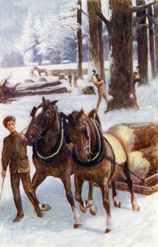 "Sommigen bezig met het vellen van bomen, anderen met paarden die de stammen slepen, geplaatst op sleeën, over de harde sneeuw" door William Henry Charles Groome