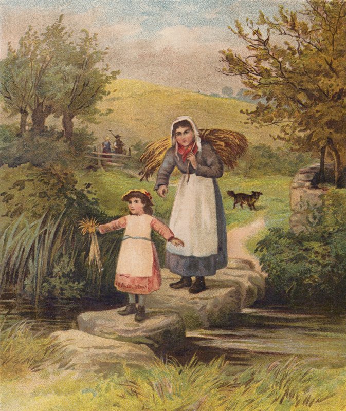 Vrouw en meisje steken een beek over via stapstenen door William Henry James (after) Boot
