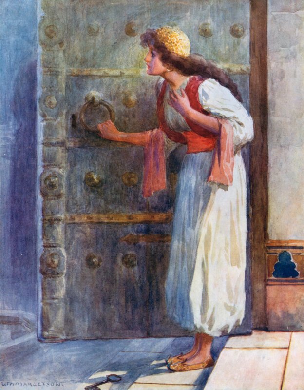 Bevend van angst liet ze de magische sleutel op de grond vallen door William Henry Margetson