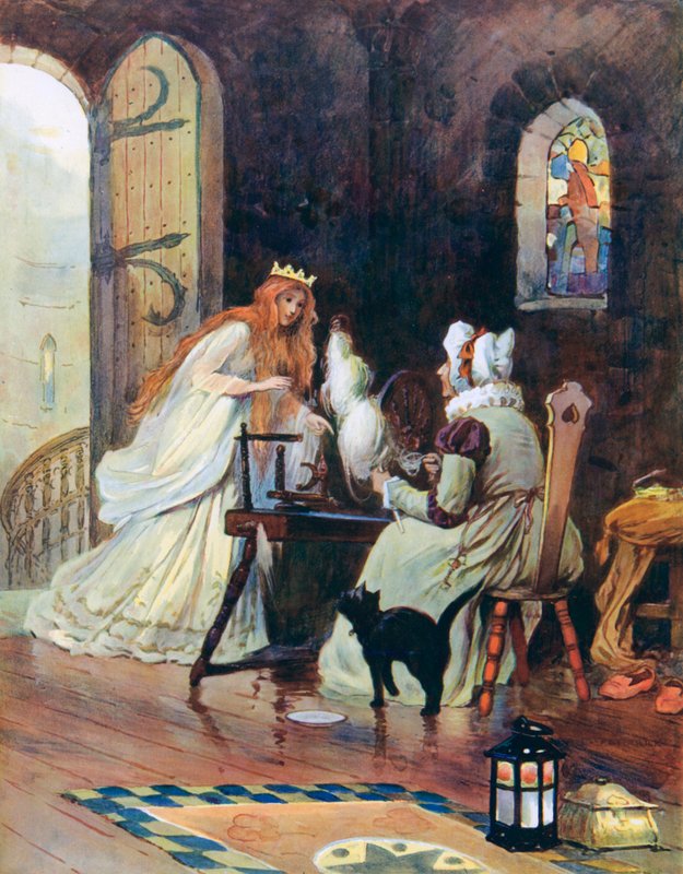 Ze klom de trap op, en bovenaan vond ze een klein kamertje waar een oude dame zat te spinnen door William Henry Margetson