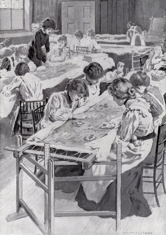 Studenten van de Koninklijke School voor Kunstnaaldwerk borduren de kroningsmantel van de koning door William Henry Margetson