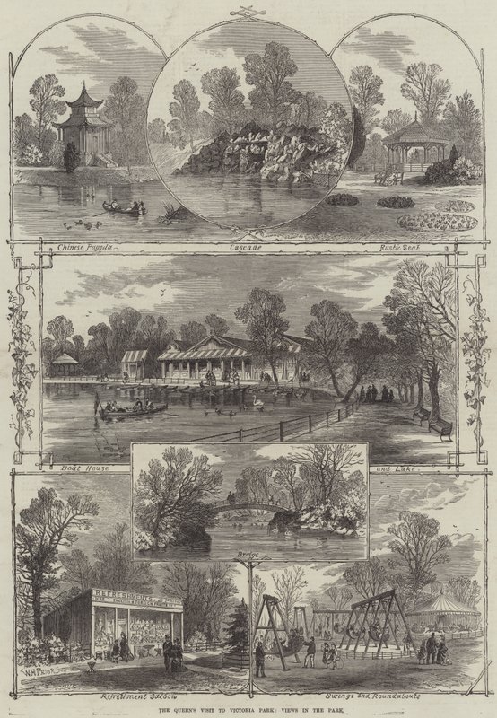 Het bezoek van de koningin aan Victoria Park, uitzichten in het park door William Henry Prior