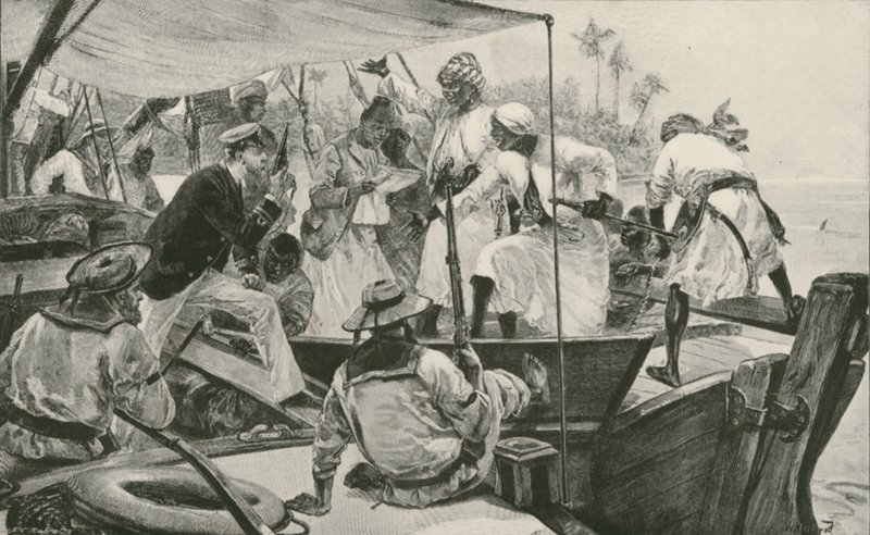 Een Britse marineofficier inspecteert een Arabische slavendhow door William Heysham (after) Overend