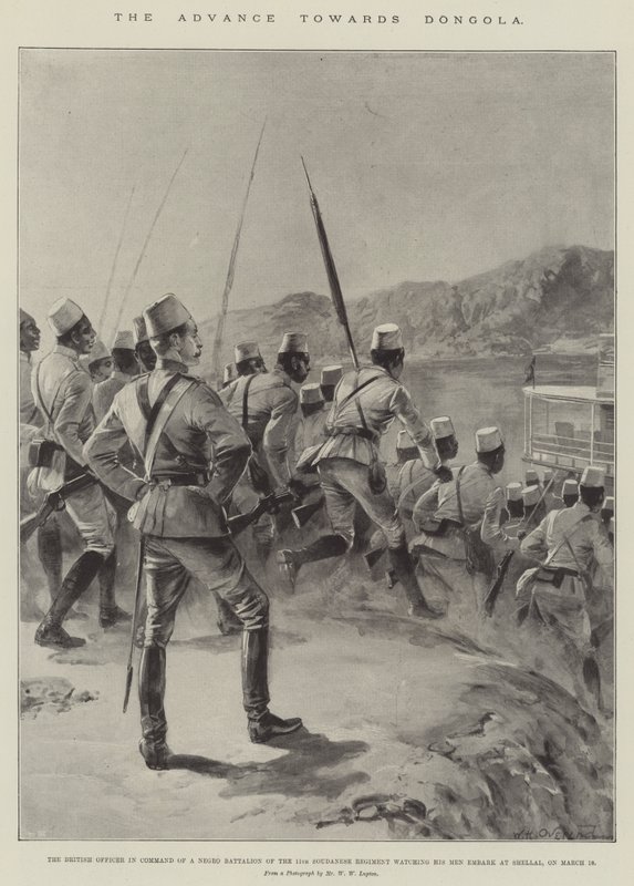 De opmars naar Dongola, de Britse officier die het bevel voert over een negerbataljon van het 11e Soedanese regiment kijkt toe hoe zijn mannen inschepen in Shellal, op 18 maart door William Heysham (after) Overend