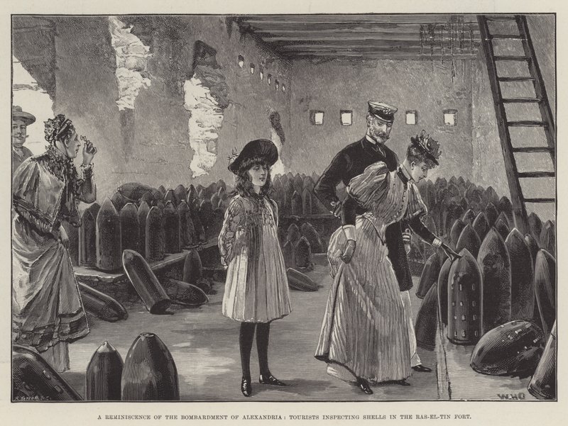 Een Herinnering aan het Bombardement van Alexandrië, Toeristen inspecteren Granaten in het Ras-el-Tin Fort door William Heysham Overend