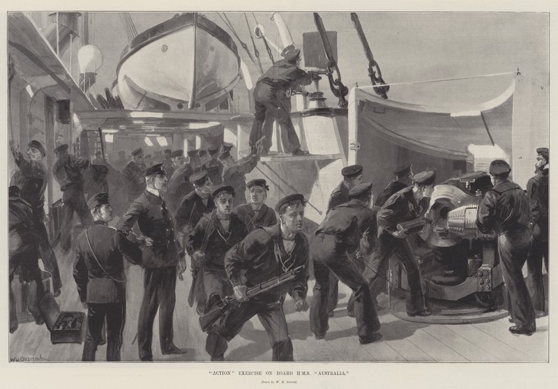 Actieoefening aan boord van HMS Australia door William Heysham Overend