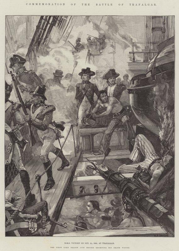 Herdenking van de Slag bij Trafalgar, HMS Victory op 21 oktober 1805, bij Trafalgar door William Heysham Overend
