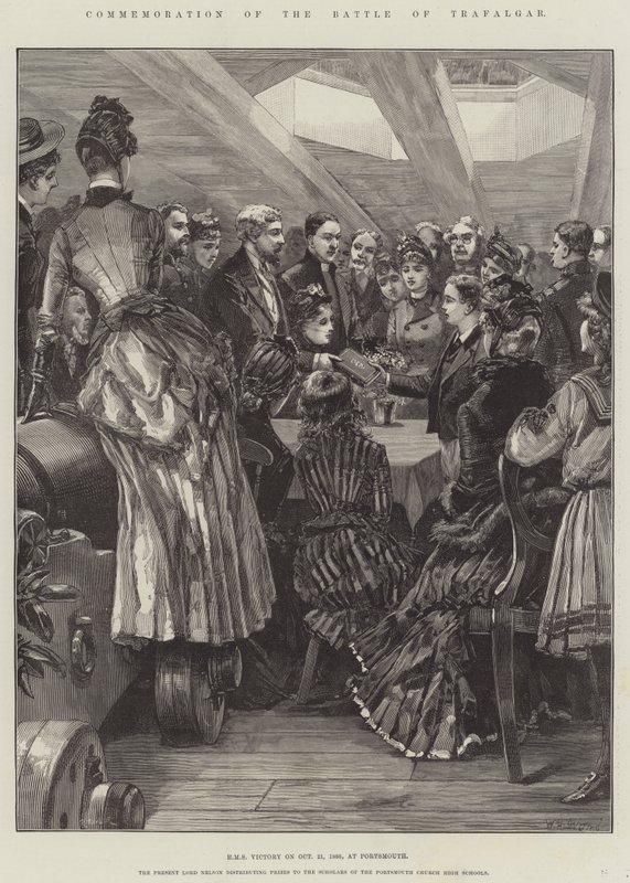 Herdenking van de Slag bij Trafalgar, HMS Victory op 21 oktober 1886, in Portsmouth door William Heysham Overend