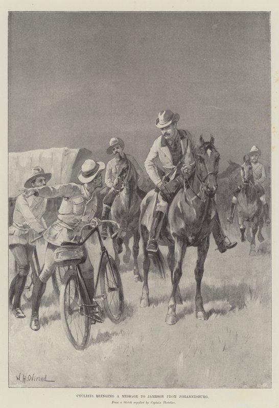 Fietsers brengen een boodschap naar Jameson vanuit Johannesburg door William Heysham Overend