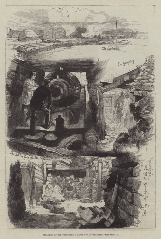 Explosie van het grote kanon van de Thunderer in Woolwich door William Heysham Overend