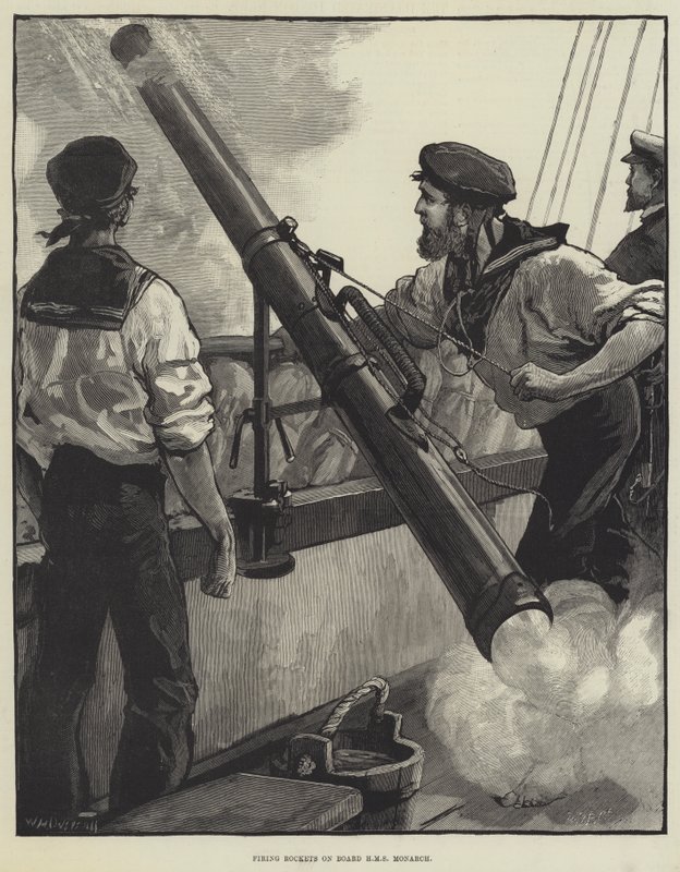 Raketafvuren aan boord van HMS Monarch door William Heysham Overend