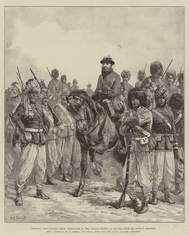 Generaal Ghous-ud-din Khan, commandant van de Afghaanse troepen in Penjdeh, met zijn Afghaanse soldaten door William Heysham Overend