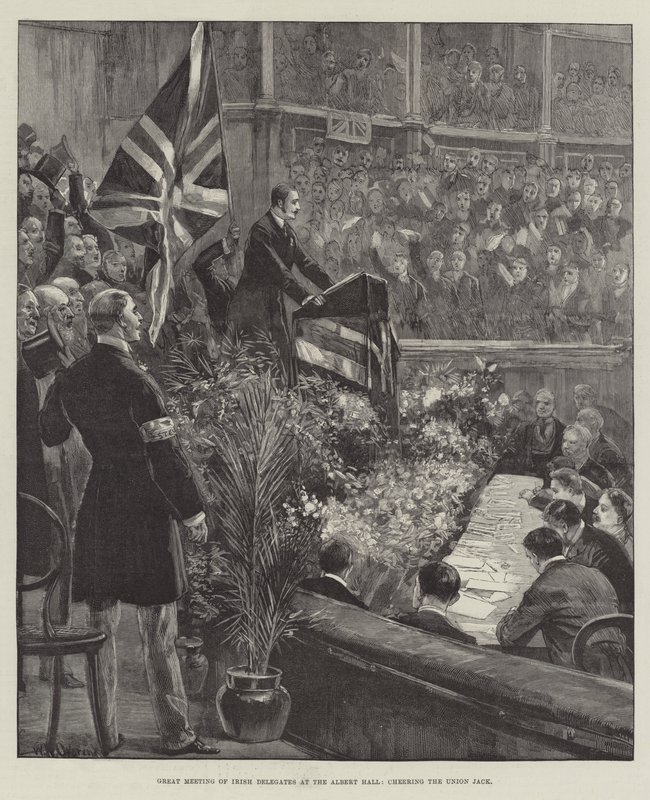 Grote bijeenkomst van Ierse afgevaardigden in de Albert Hall, juichend voor de Union Jack door William Heysham Overend