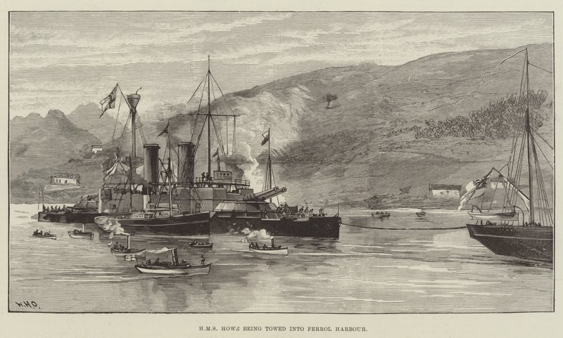 HMS Howe wordt de haven van Ferrol binnen gesleept door William Heysham Overend