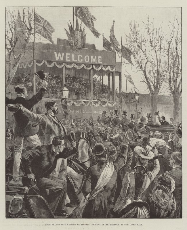 Home Rule, Grote Bijeenkomst in Belfast, Aankomst van Mr Balfour in de Linen Hall door William Heysham Overend