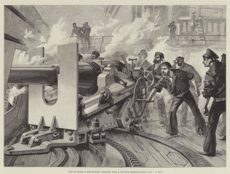 Leven aan boord van een oorlogsschip, oefening met een zes-inch achterlaadkanon, Een Treffer! door William Heysham Overend