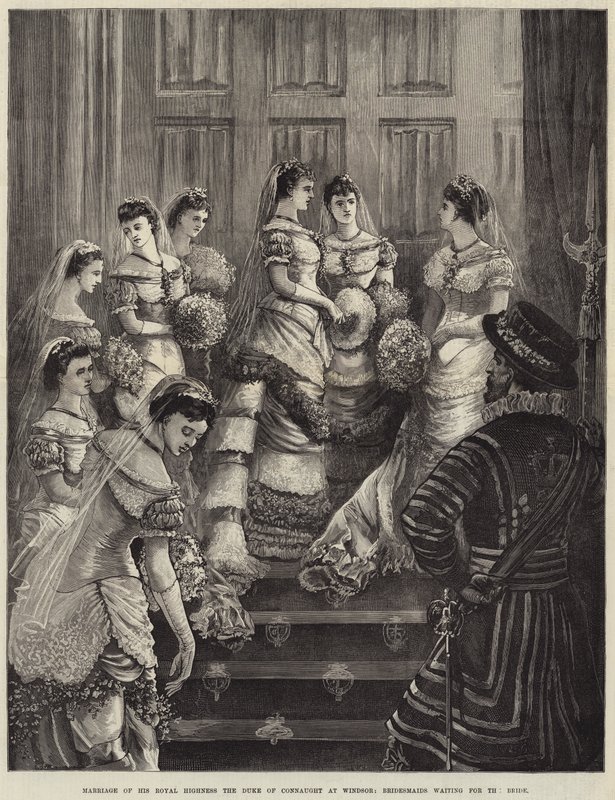 Huwelijk van Zijne Koninklijke Hoogheid de Hertog van Connaught in Windsor, Bruidsmeisjes wachten op de Bruid door William Heysham Overend