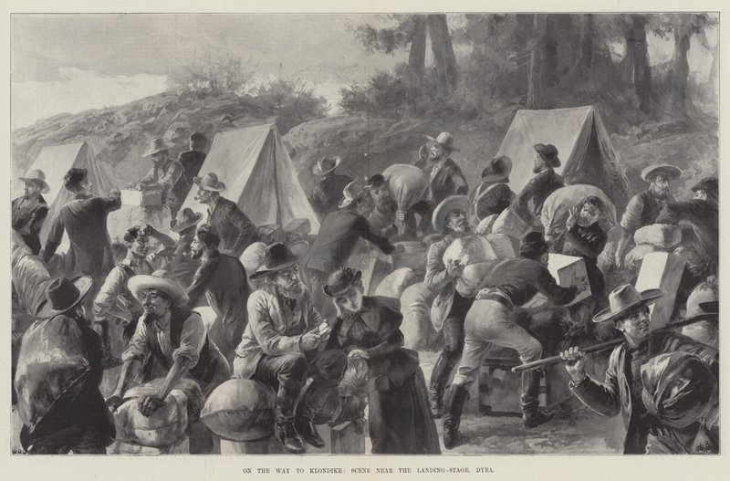 Op weg naar Klondike, scène bij de aanlegsteiger, Dyea door William Heysham Overend